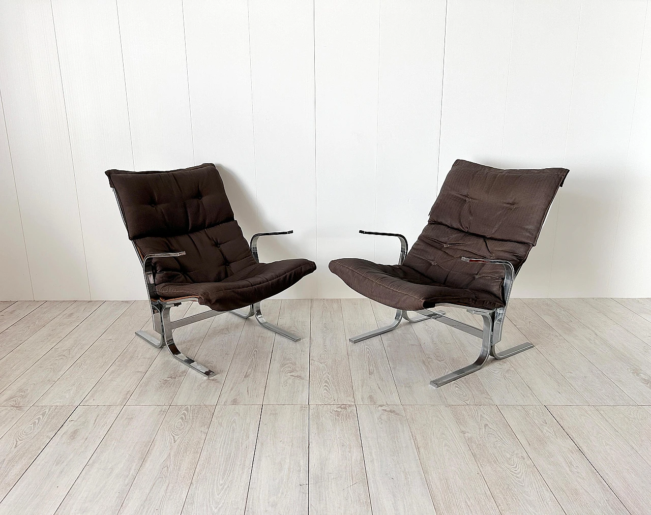 Pair of Siesta armchairs with pouf in fabric & steel by Relling, 1970s 5