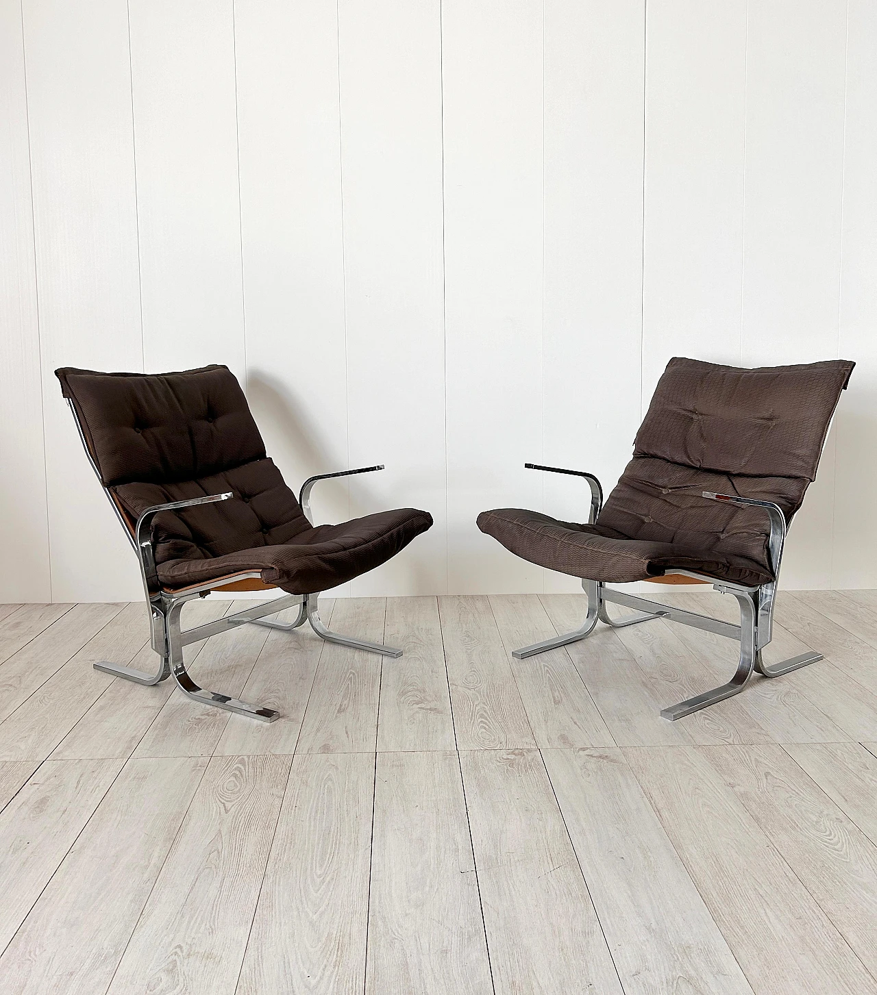 Pair of Siesta armchairs with pouf in fabric & steel by Relling, 1970s 6