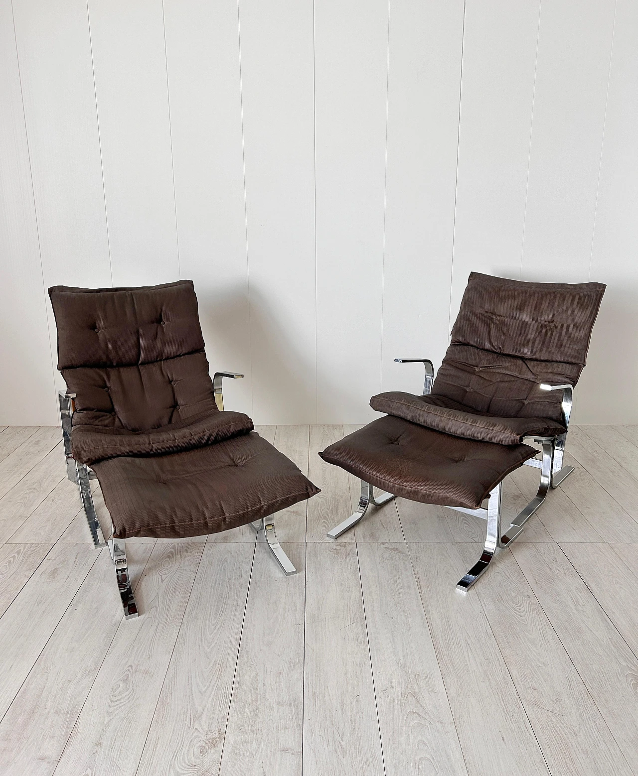 Pair of Siesta armchairs with pouf in fabric & steel by Relling, 1970s 12