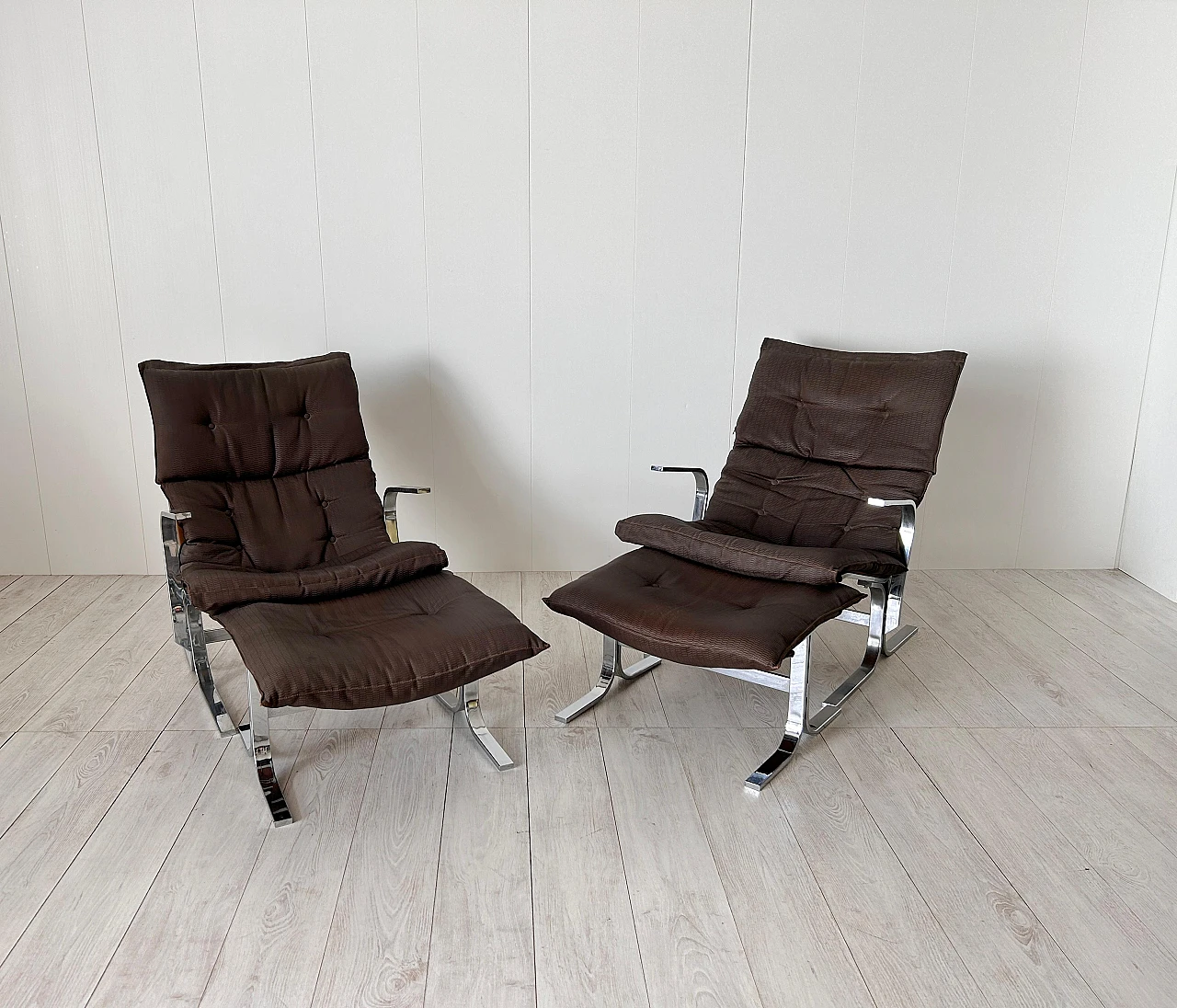 Pair of Siesta armchairs with pouf in fabric & steel by Relling, 1970s 13