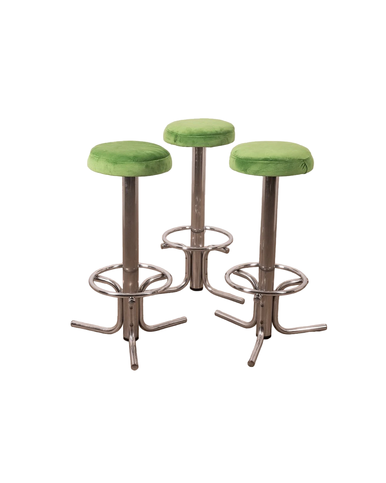 3 Stools in chromed metal with green velvet seat, 1970s 8