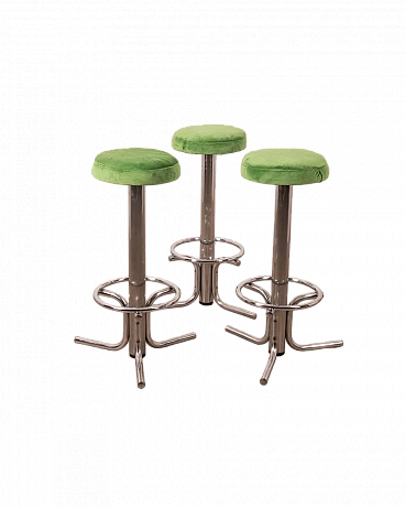 3 Stools in chromed metal with green velvet seat, 1970s