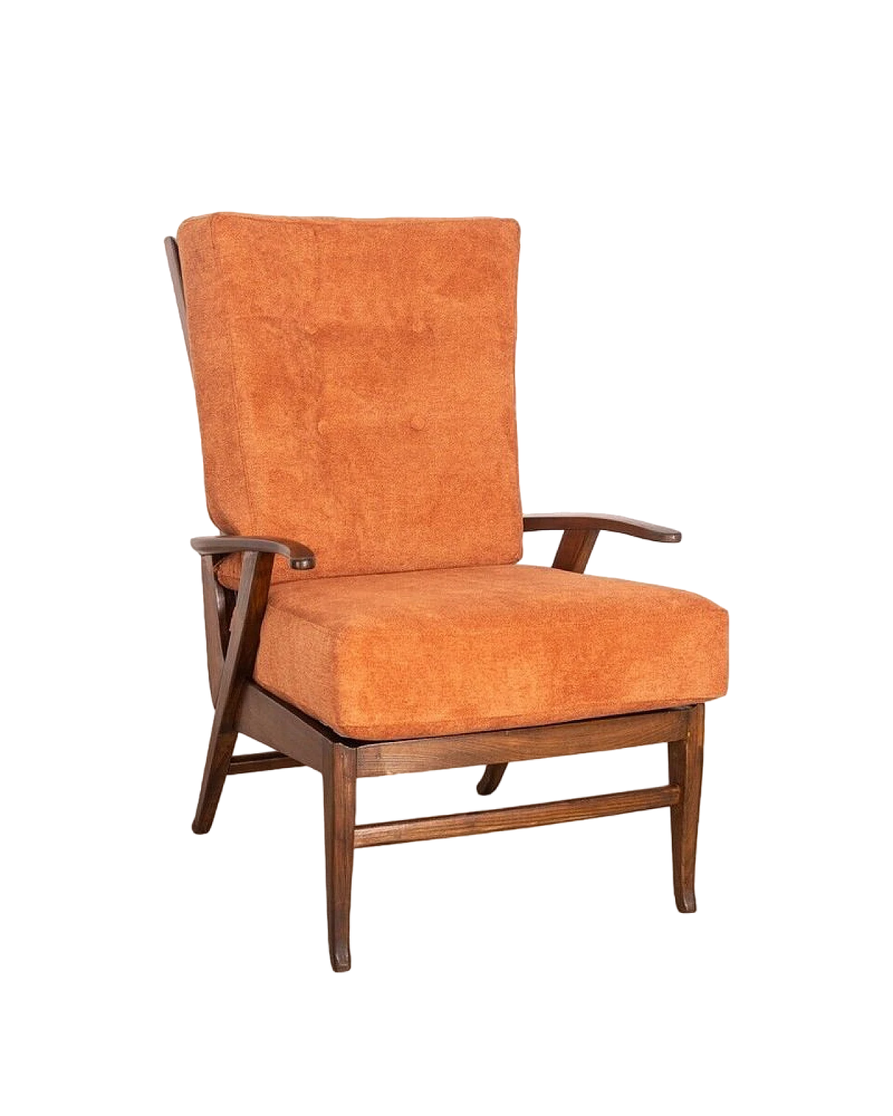 Reclining armchair in wood and orange fabric, 1940s 13