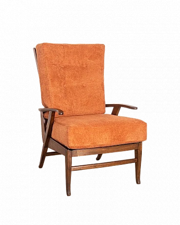 Reclining armchair in wood and orange fabric, 1940s