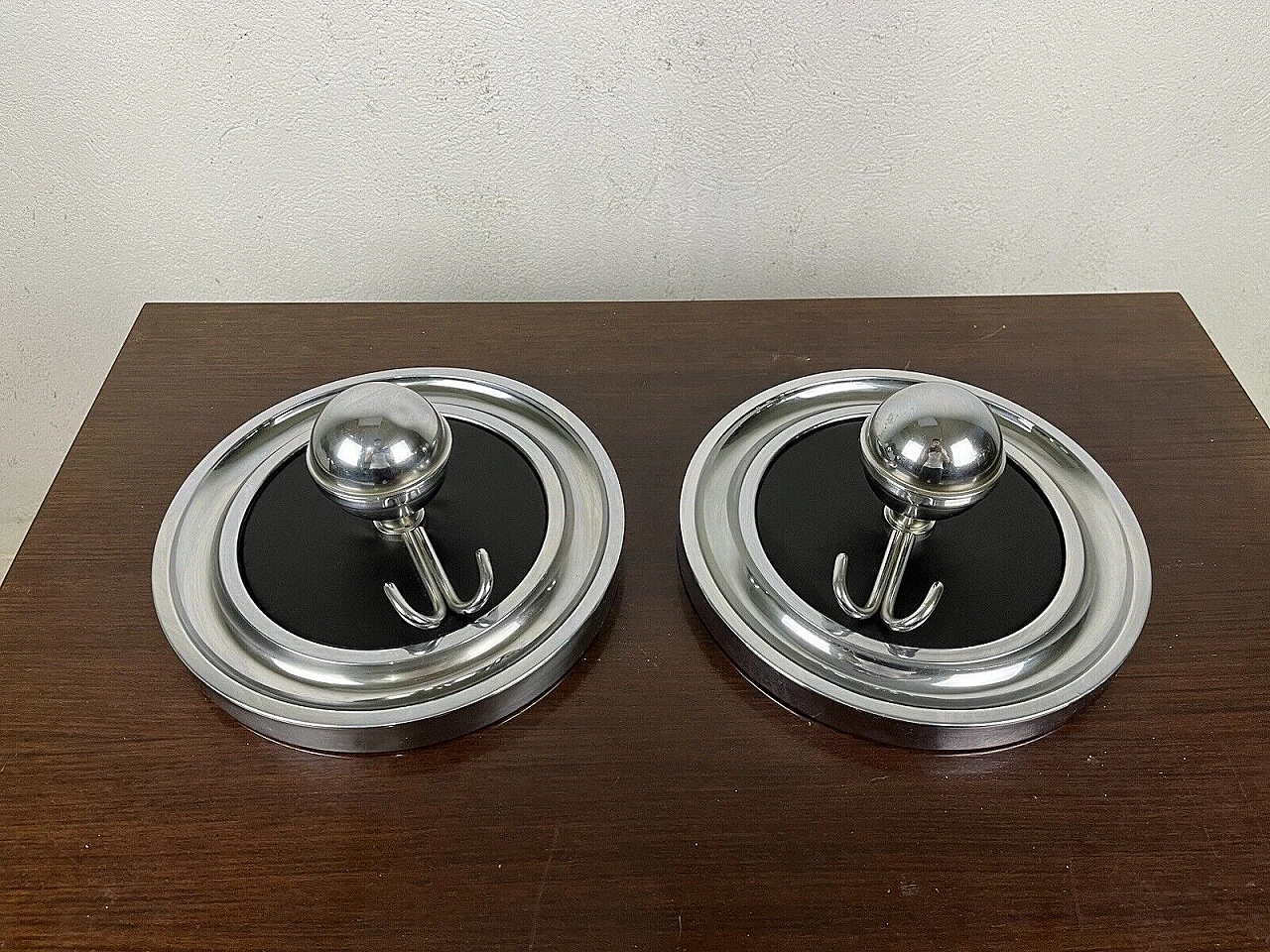 Pair of chromed metal and leather wall coat racks, 1960s 5