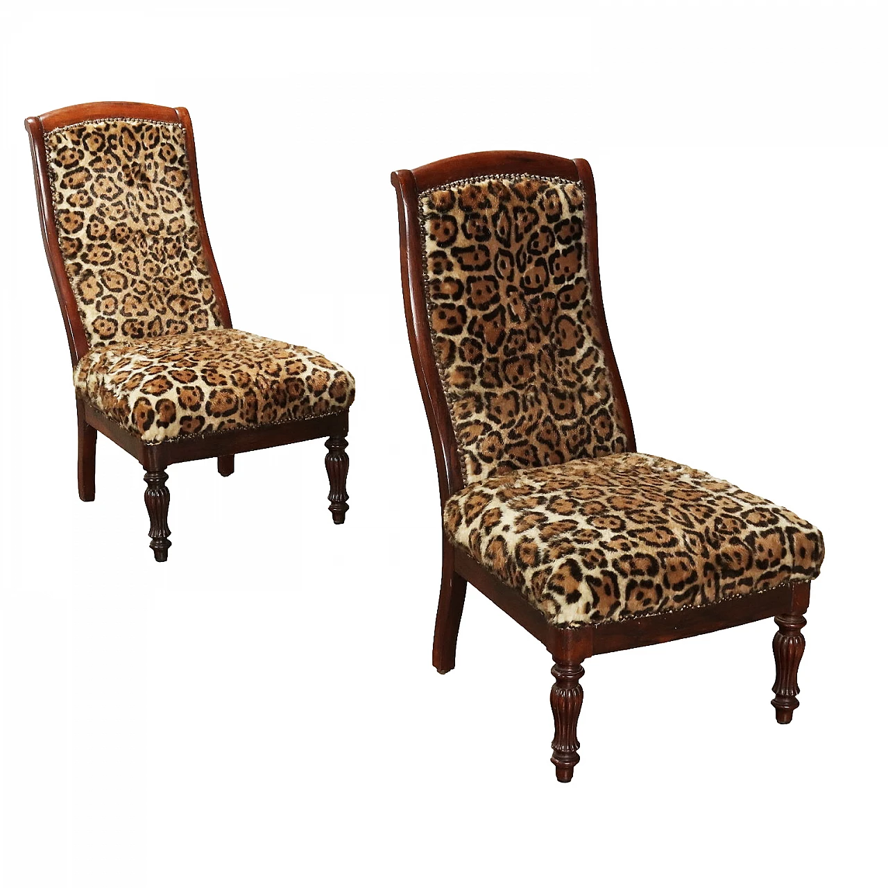 Pair of chairs veneered in exotic wood and animalier fabric 1