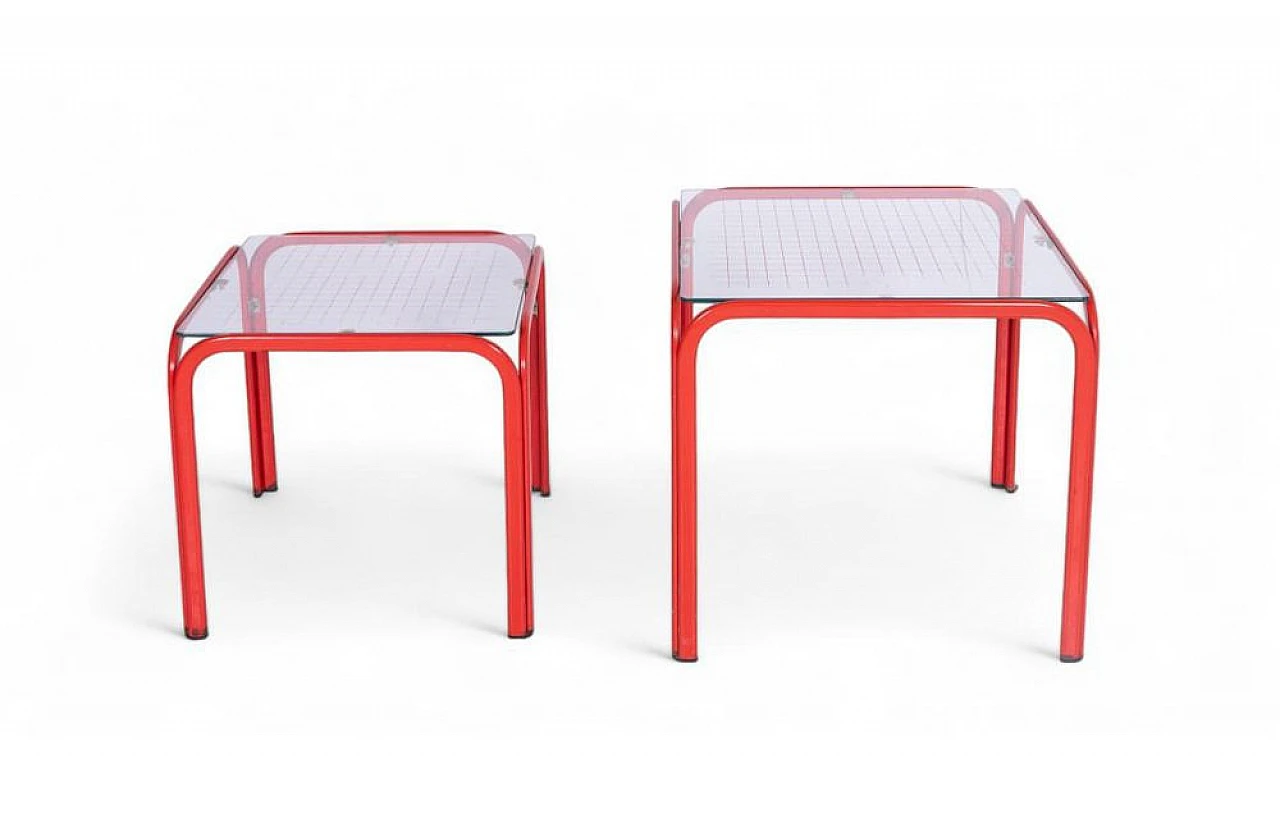 Pair of red iron coffee tables with glass top, 1980s 1