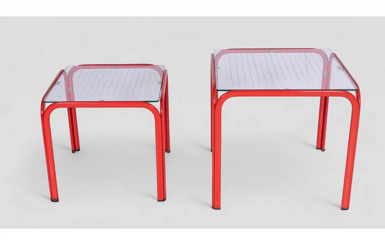 Pair of red iron coffee tables with glass top, 1980s 2