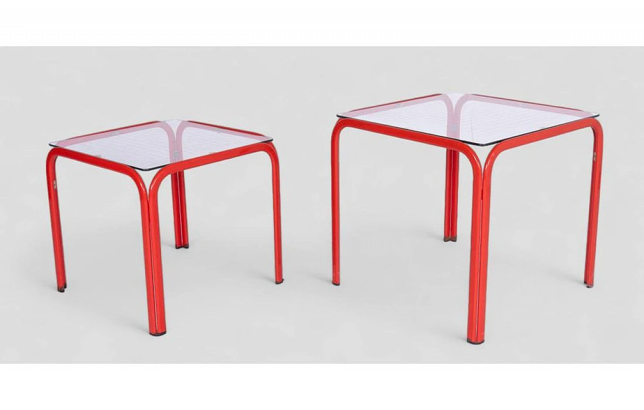 Pair of red iron coffee tables with glass top, 1980s 3