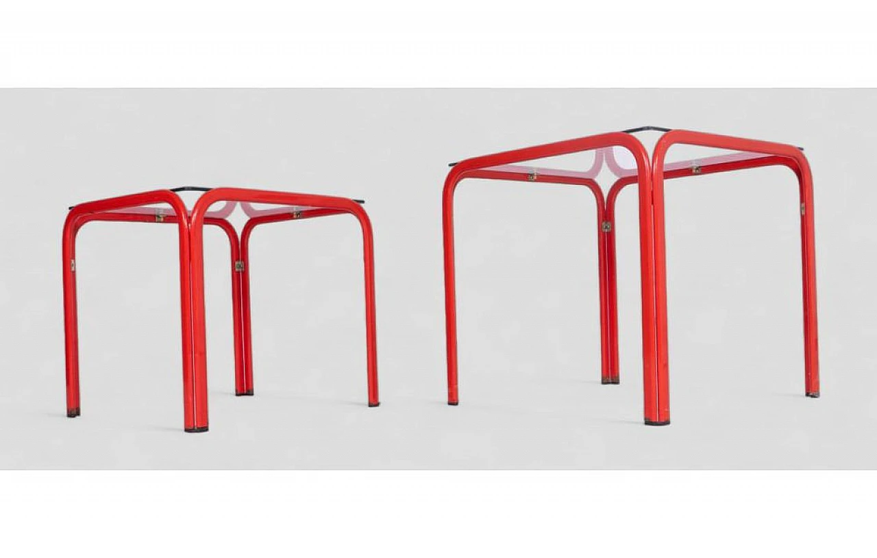 Pair of red iron coffee tables with glass top, 1980s 4