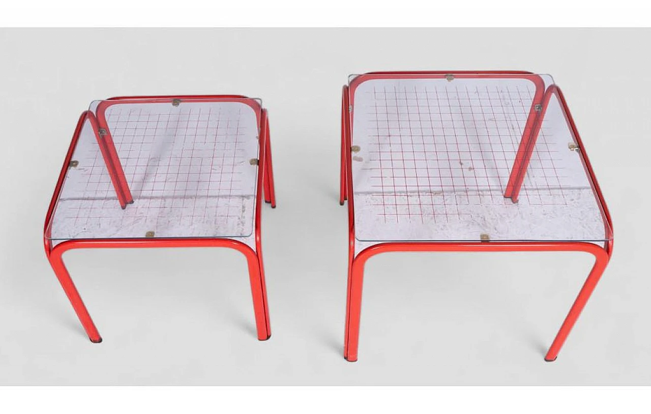 Pair of red iron coffee tables with glass top, 1980s 5