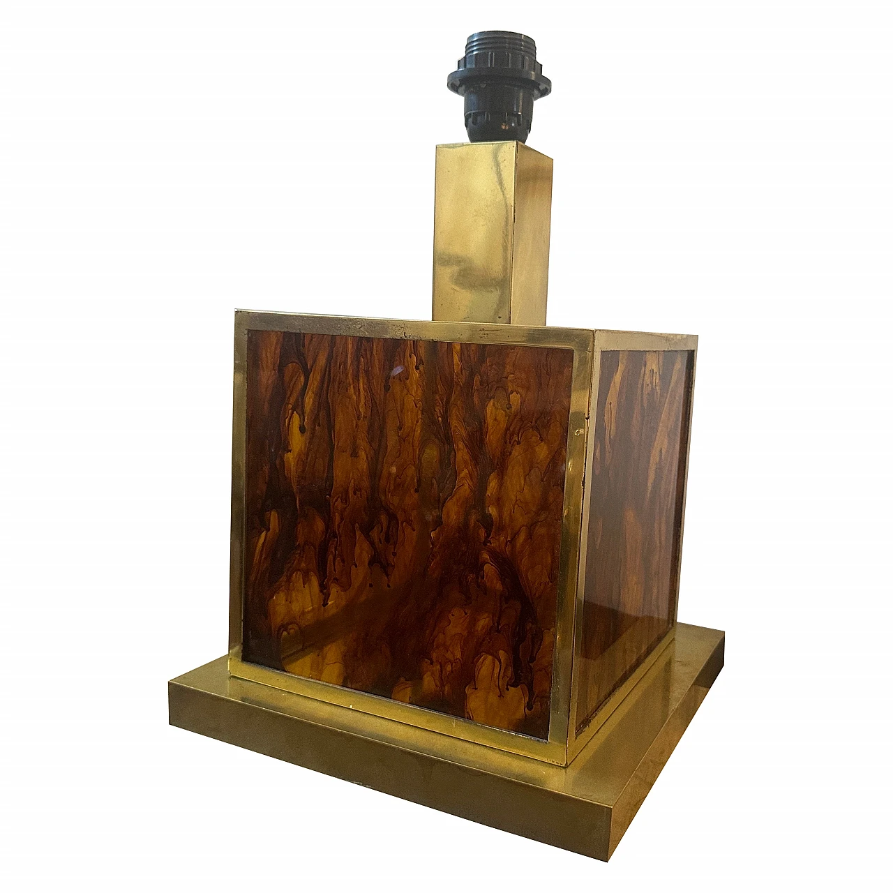 Square table lamp base in brass & faux tortoiseshell lucite, 1970s 1