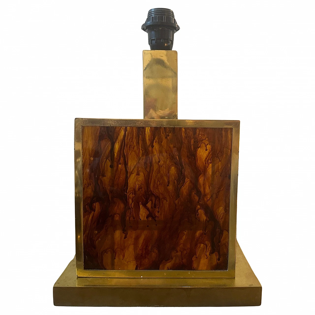 Square table lamp base in brass & faux tortoiseshell lucite, 1970s 2