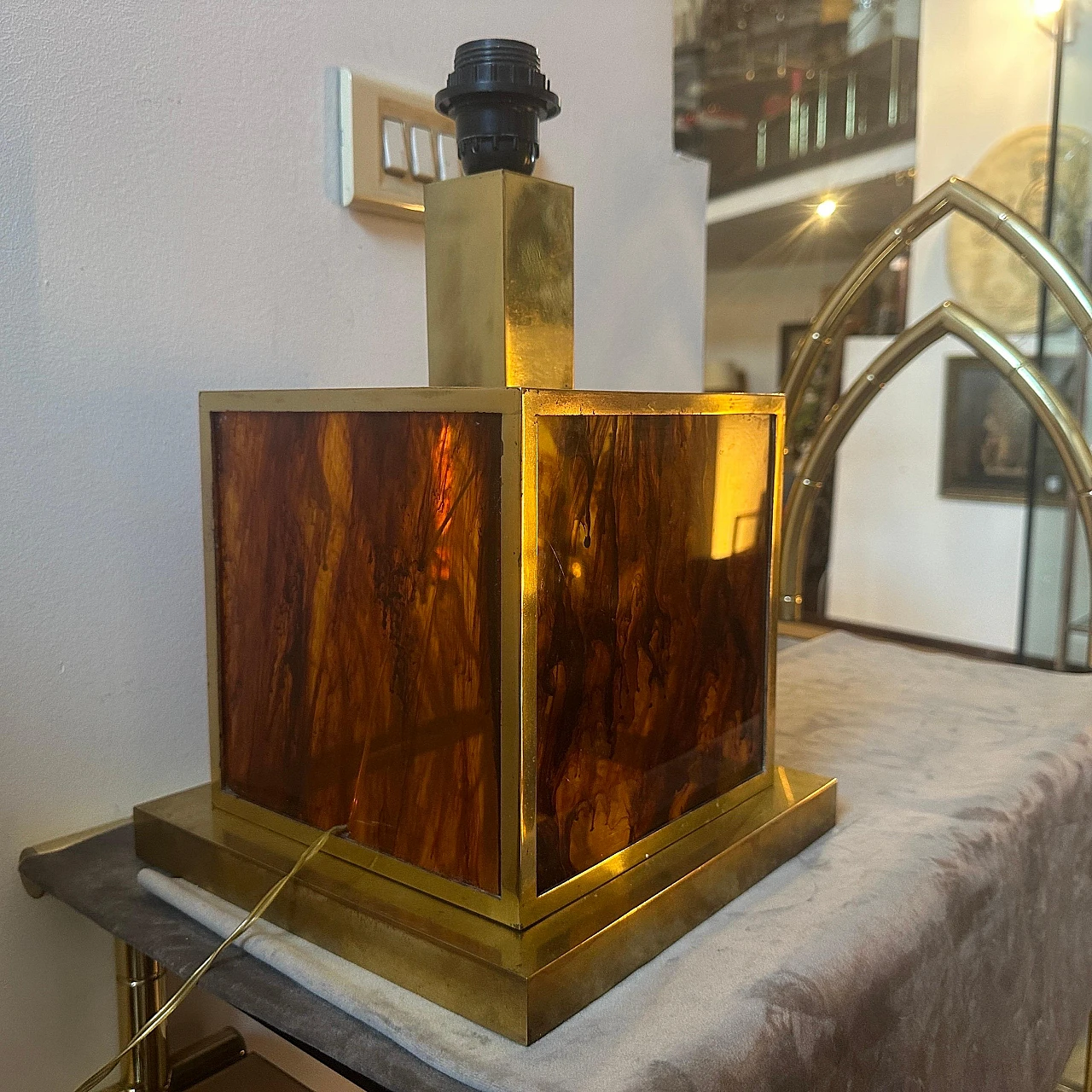 Square table lamp base in brass & faux tortoiseshell lucite, 1970s 3