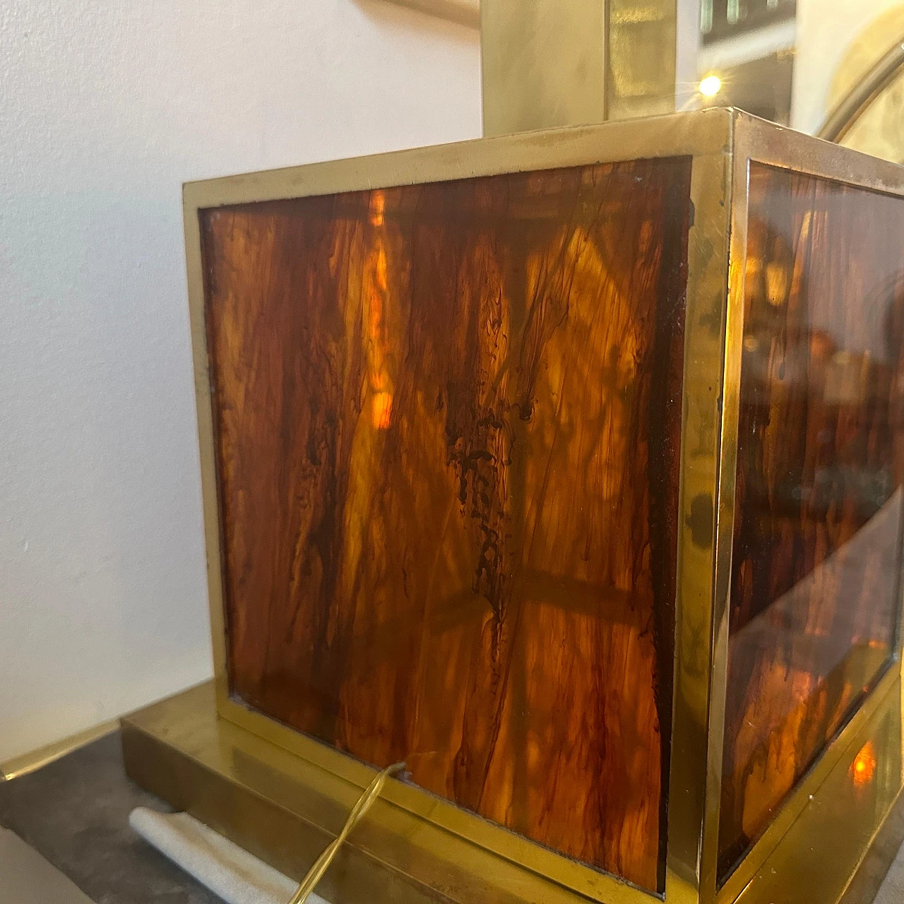 Square table lamp base in brass & faux tortoiseshell lucite, 1970s 4