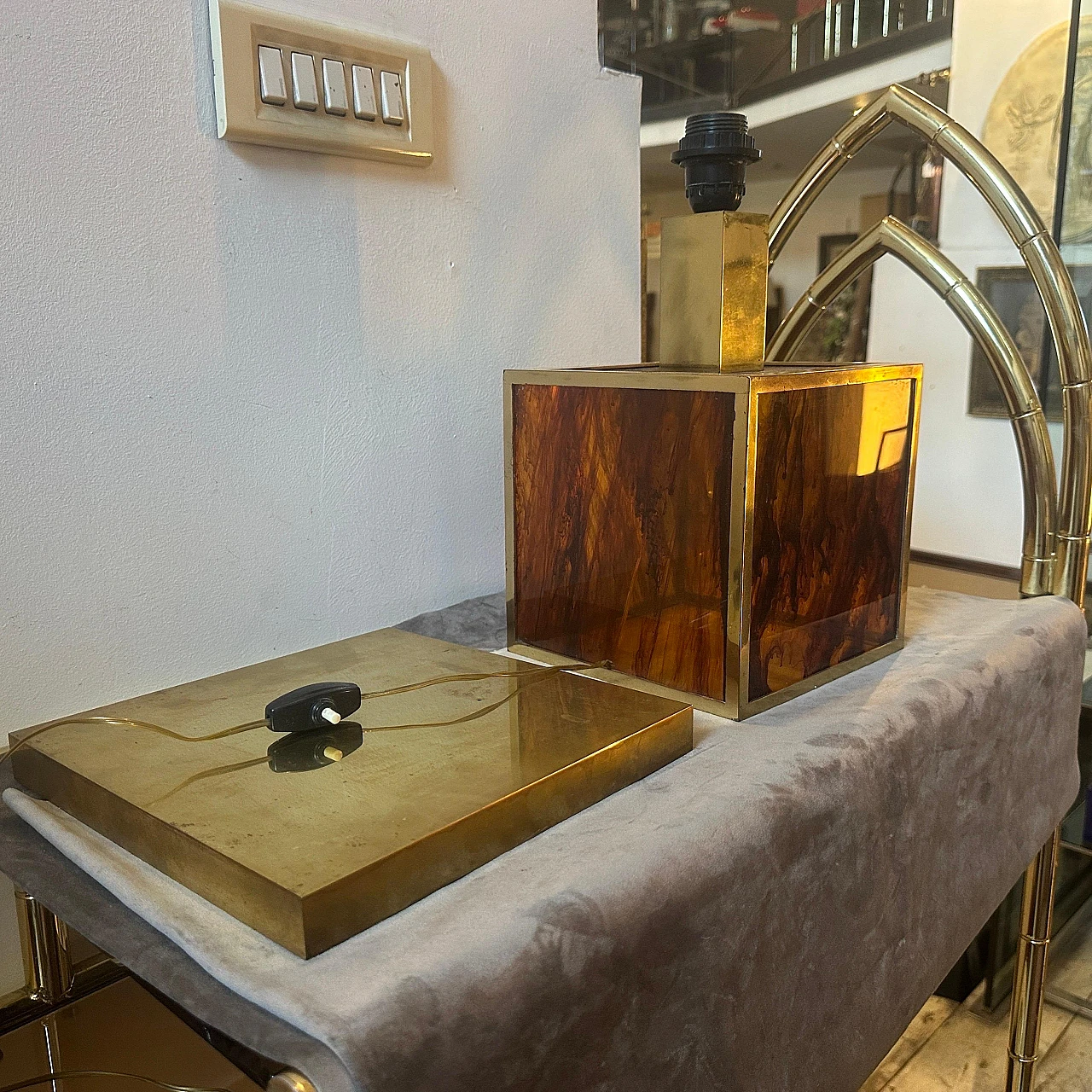 Square table lamp base in brass & faux tortoiseshell lucite, 1970s 6