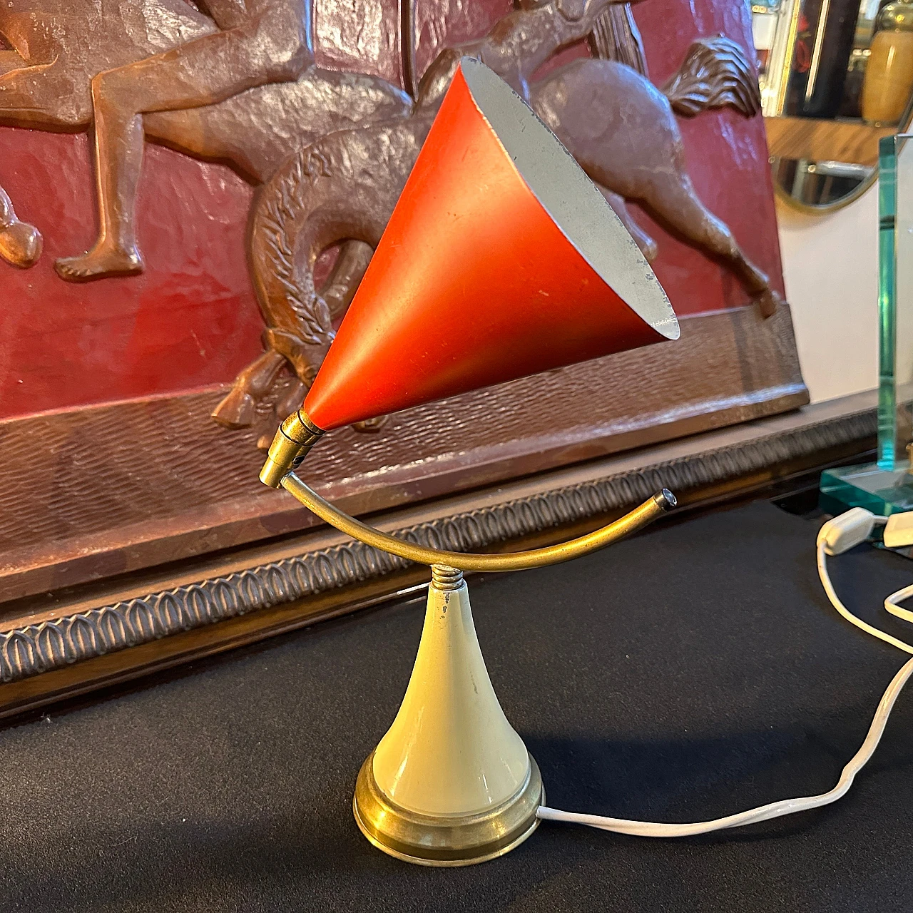 Cone table lamp in red metal & brass in Stilnovo's style, 1950s 2