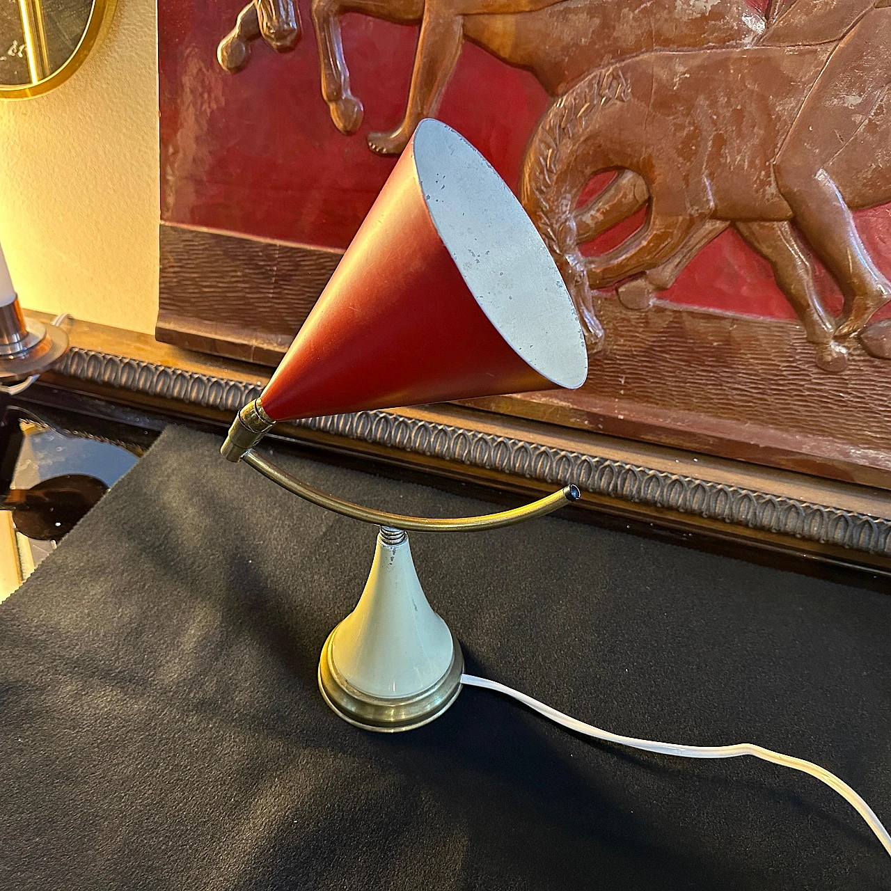 Cone table lamp in red metal & brass in Stilnovo's style, 1950s 5