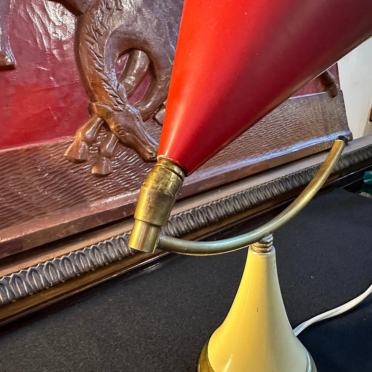 Cone table lamp in red metal & brass in Stilnovo's style, 1950s 6