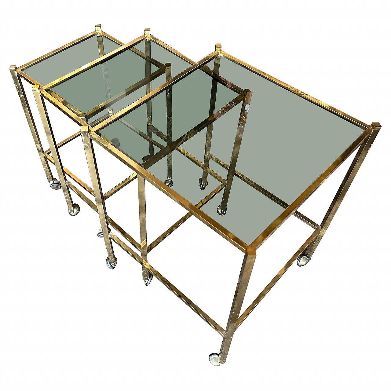 3 Coffee tables in brass and smoked glass in T. Barbi style, 1960s 1