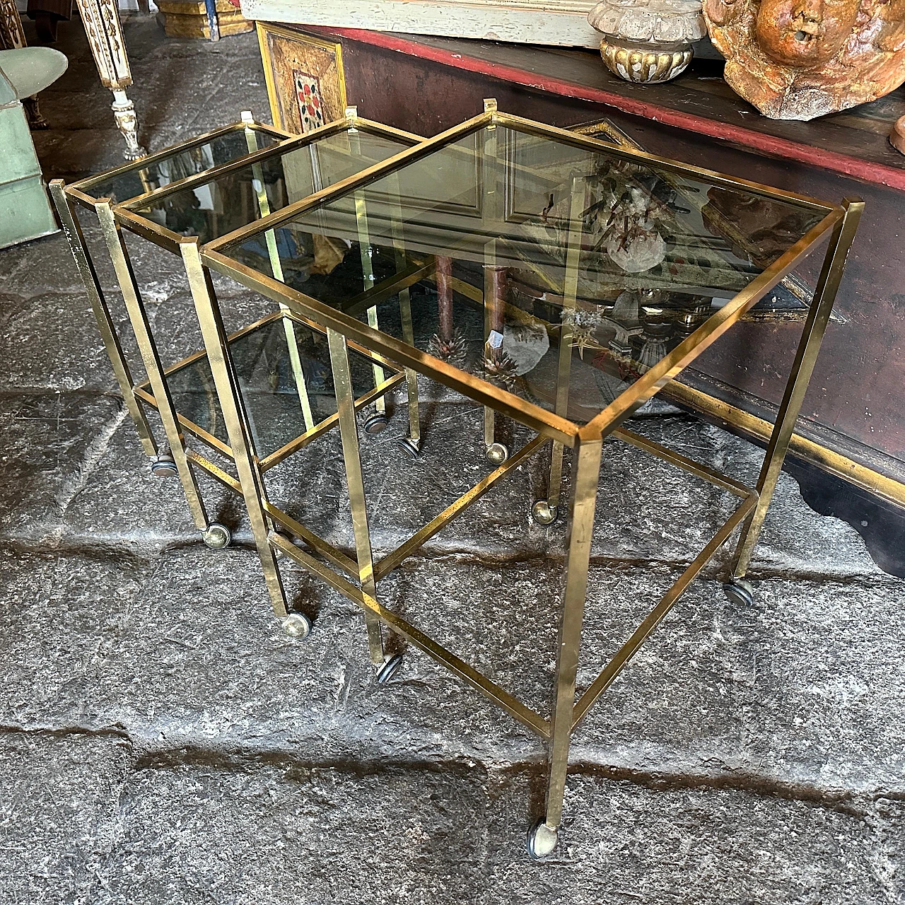 3 Coffee tables in brass and smoked glass in T. Barbi style, 1960s 2