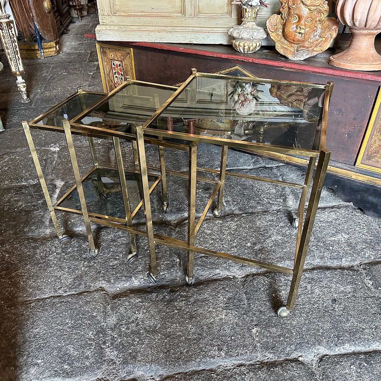 3 Coffee tables in brass and smoked glass in T. Barbi style, 1960s 3