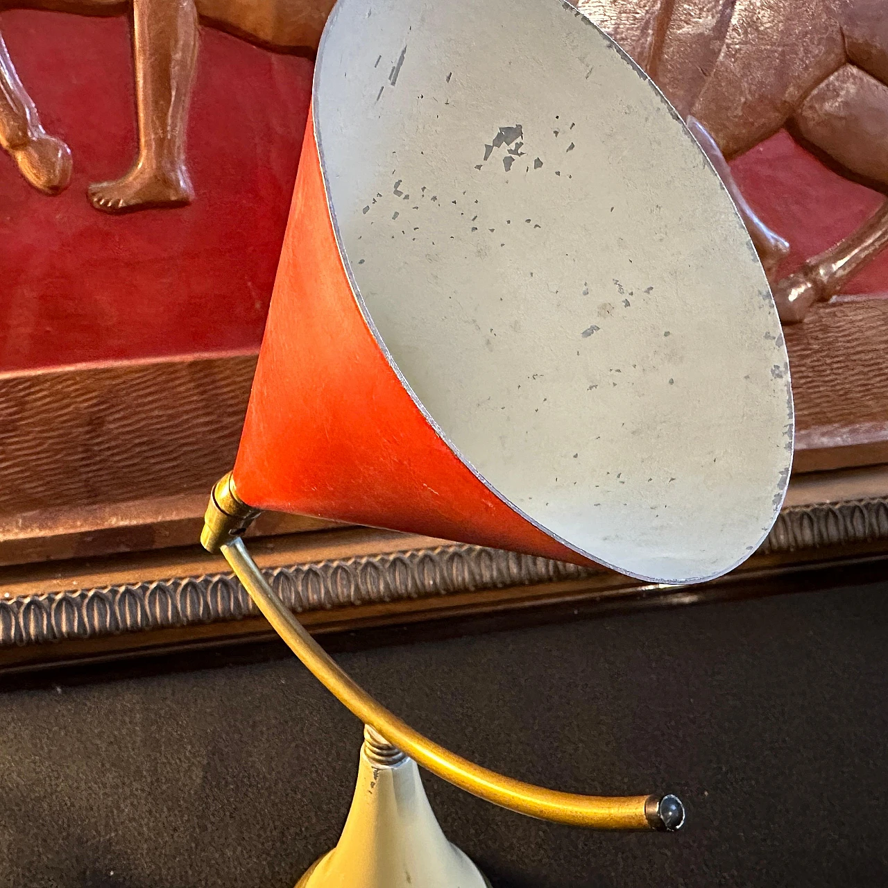 Cone table lamp in red metal & brass in Stilnovo's style, 1950s 9