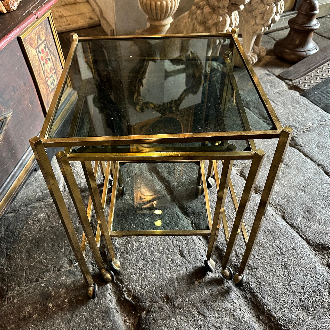 3 Coffee tables in brass and smoked glass in T. Barbi style, 1960s 5