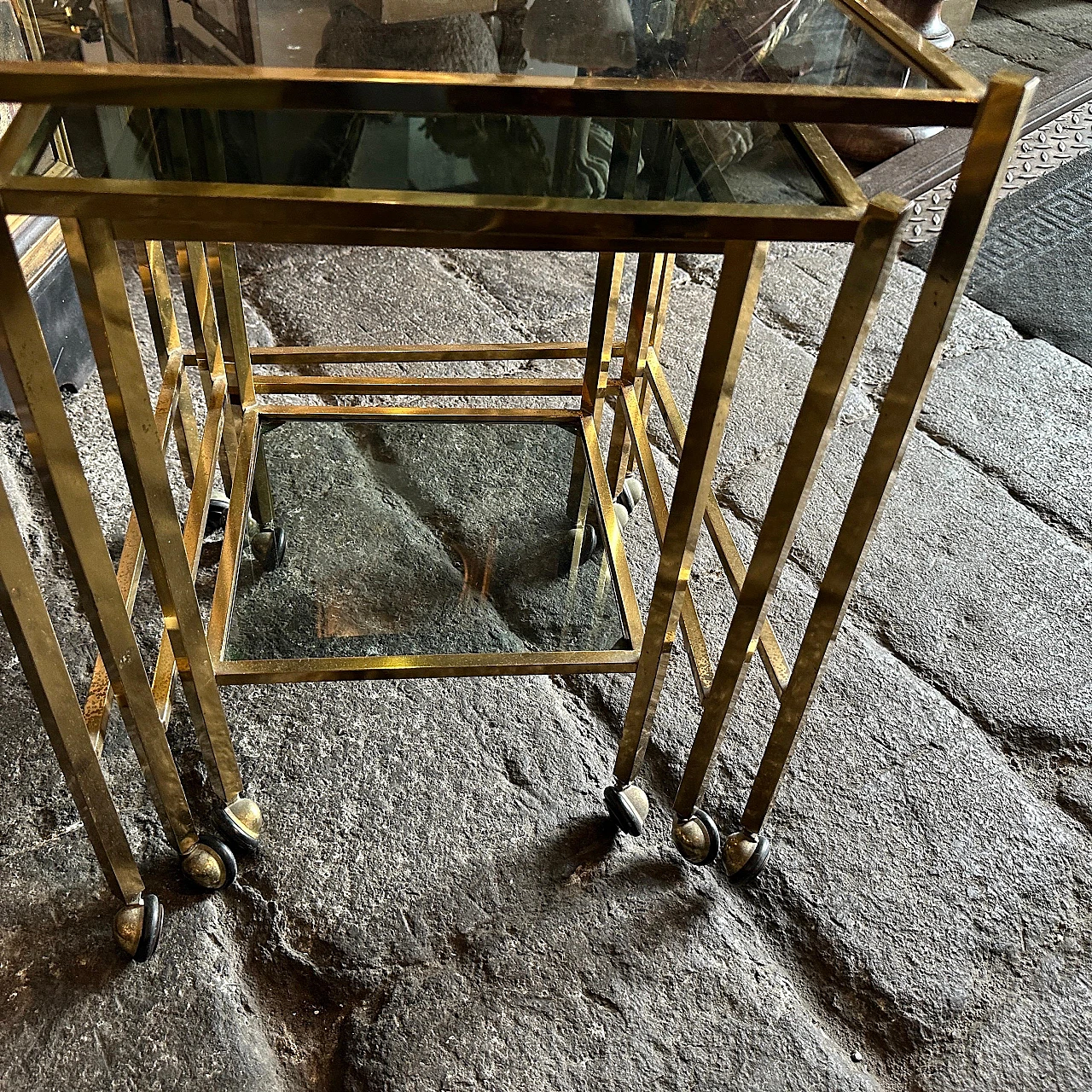 3 Coffee tables in brass and smoked glass in T. Barbi style, 1960s 6