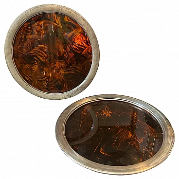 Pair of round tray in metal & faux tortoise lucite by Guzzini, 1970s