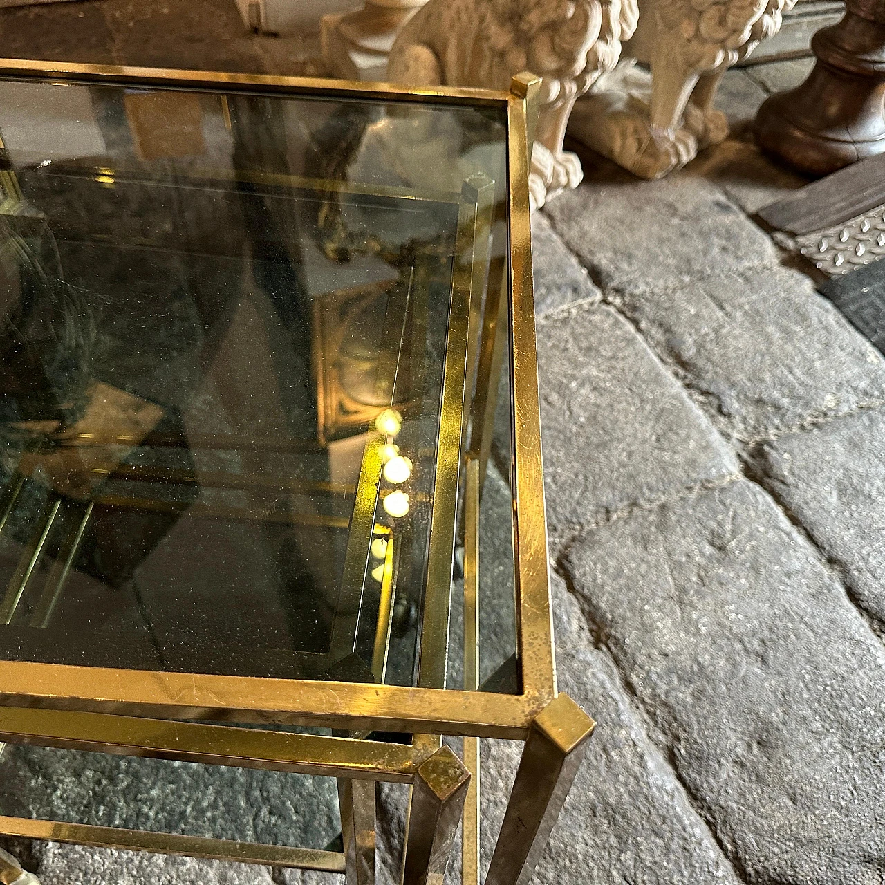 3 Coffee tables in brass and smoked glass in T. Barbi style, 1960s 7