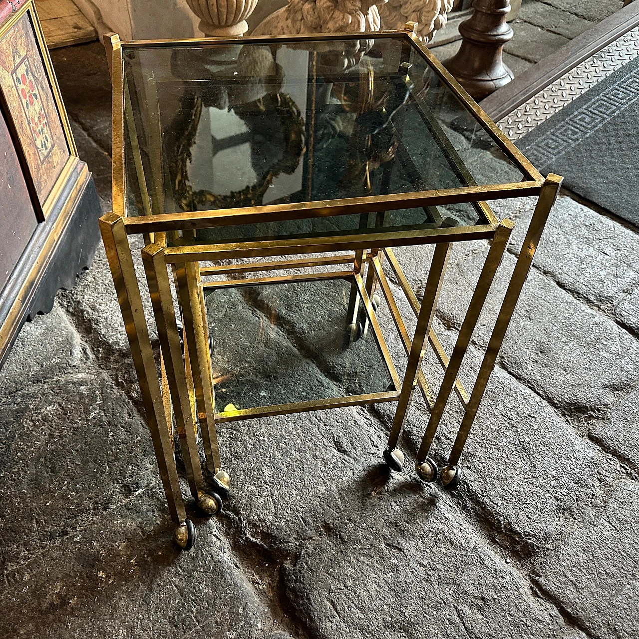 3 Coffee tables in brass and smoked glass in T. Barbi style, 1960s 9