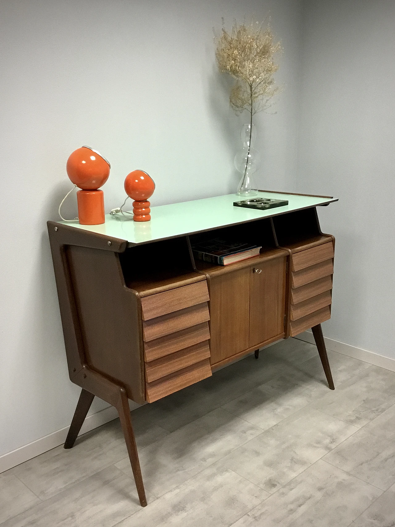 Credenza in teak e formica verde acqua di Vittorio Dassi, anni '50 4