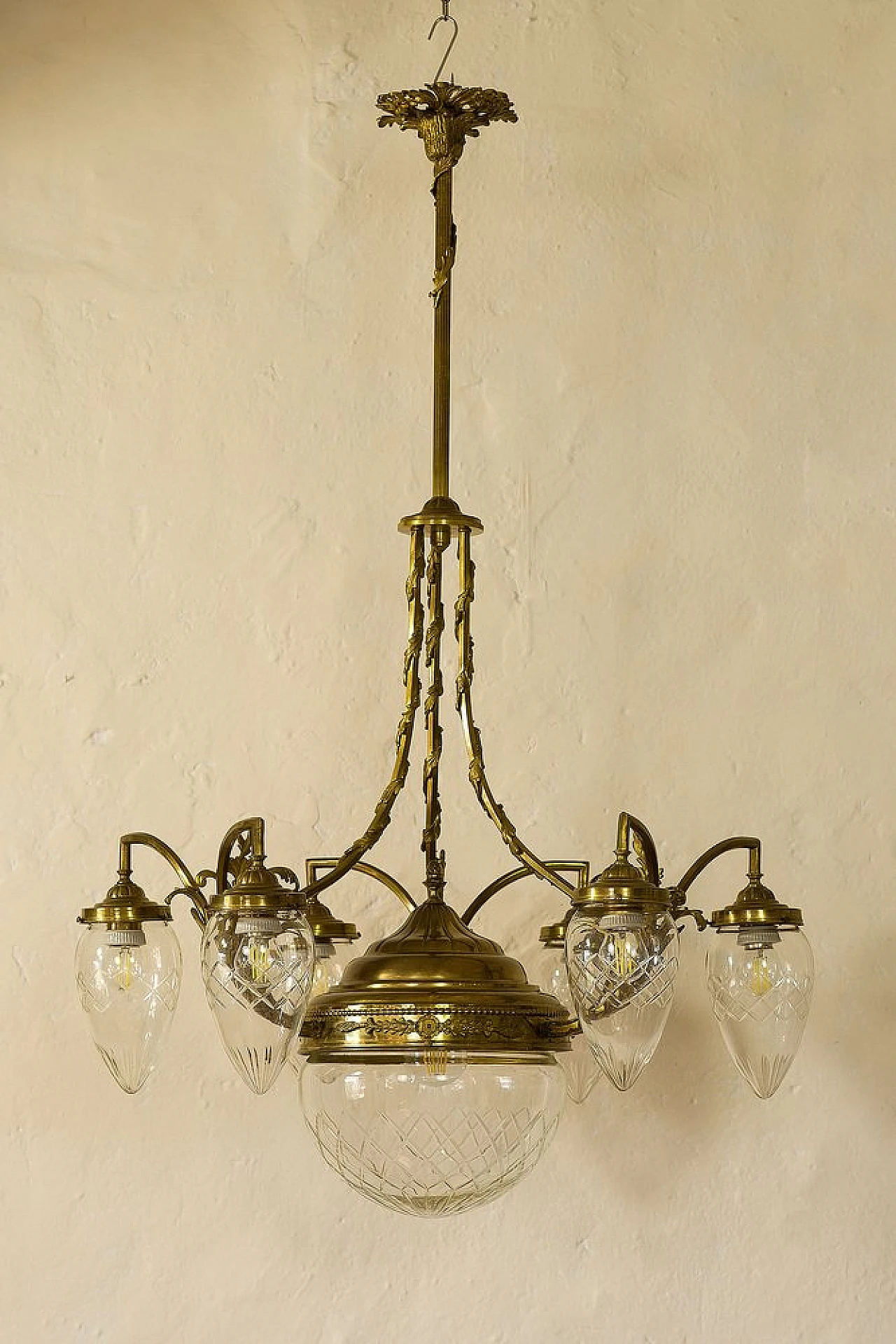 Art Nouveau brass and crystal chandelier, 1920s 1