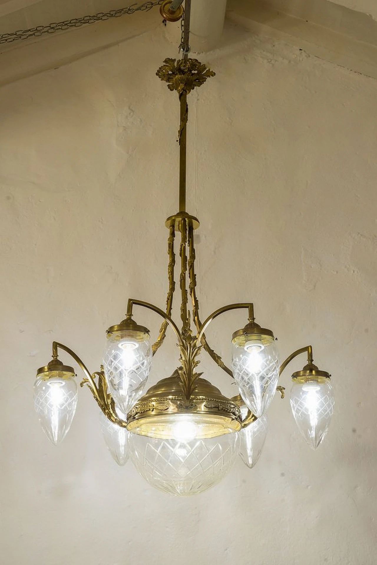 Art Nouveau brass and crystal chandelier, 1920s 2