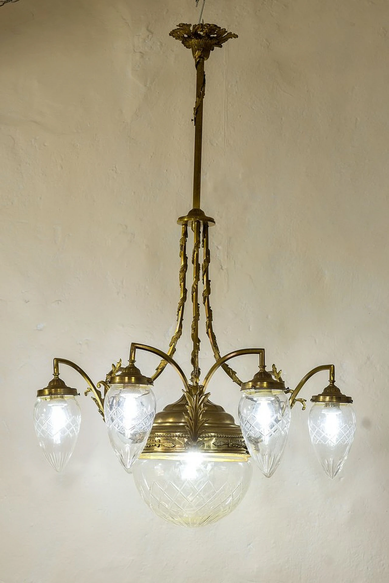 Art Nouveau brass and crystal chandelier, 1920s 4