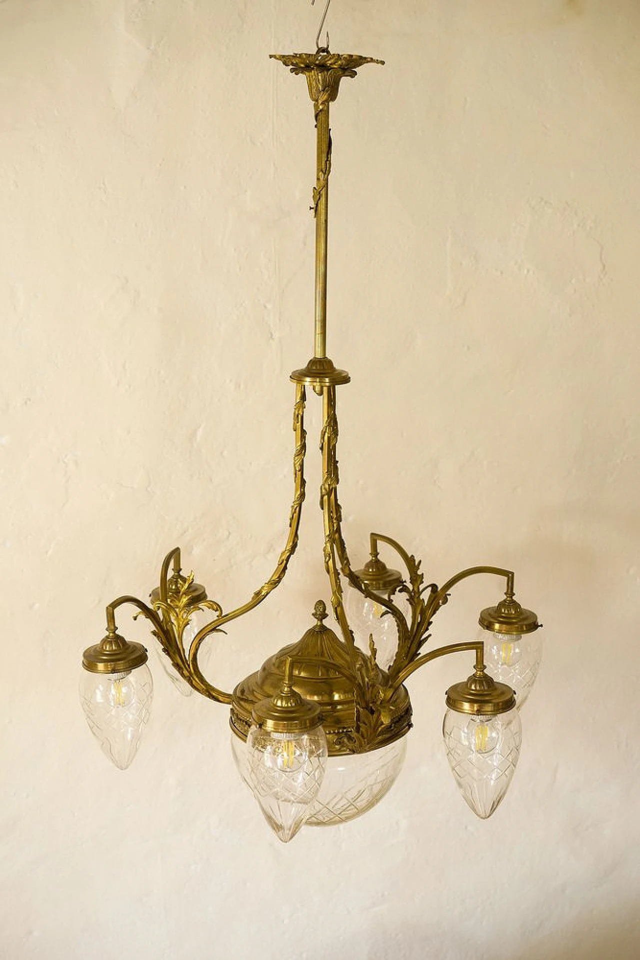 Lampadario Art Nouveau in ottone e cristallo, anni '20 5