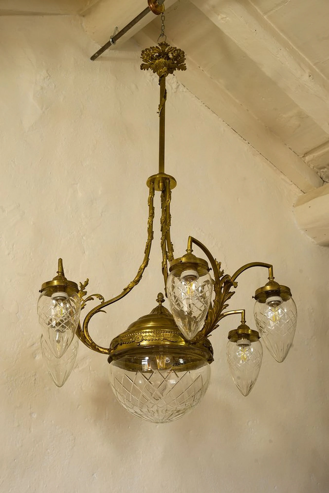 Lampadario Art Nouveau in ottone e cristallo, anni '20 6