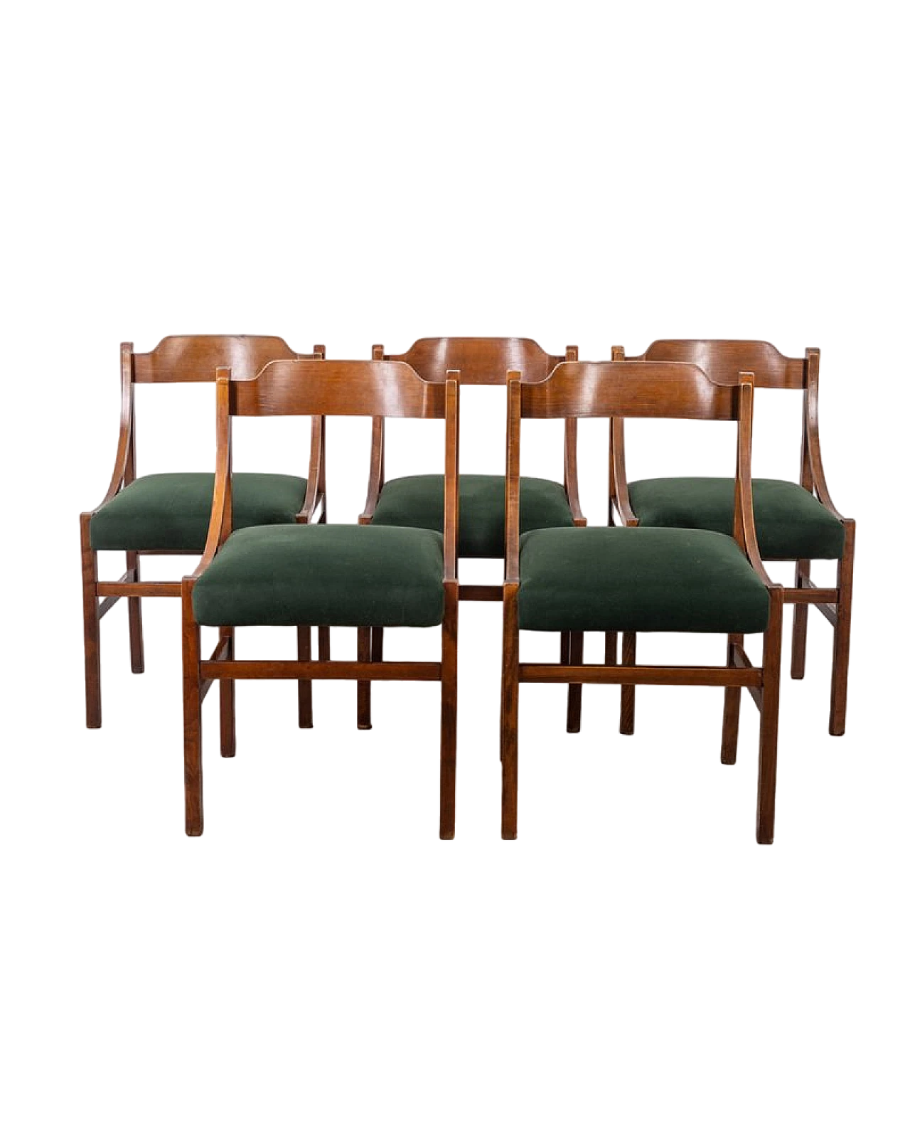 5 Wooden chairs with green velvet upholstered seat, 1960s 7