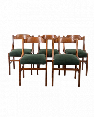 5 Wooden chairs with green velvet upholstered seat, 1960s