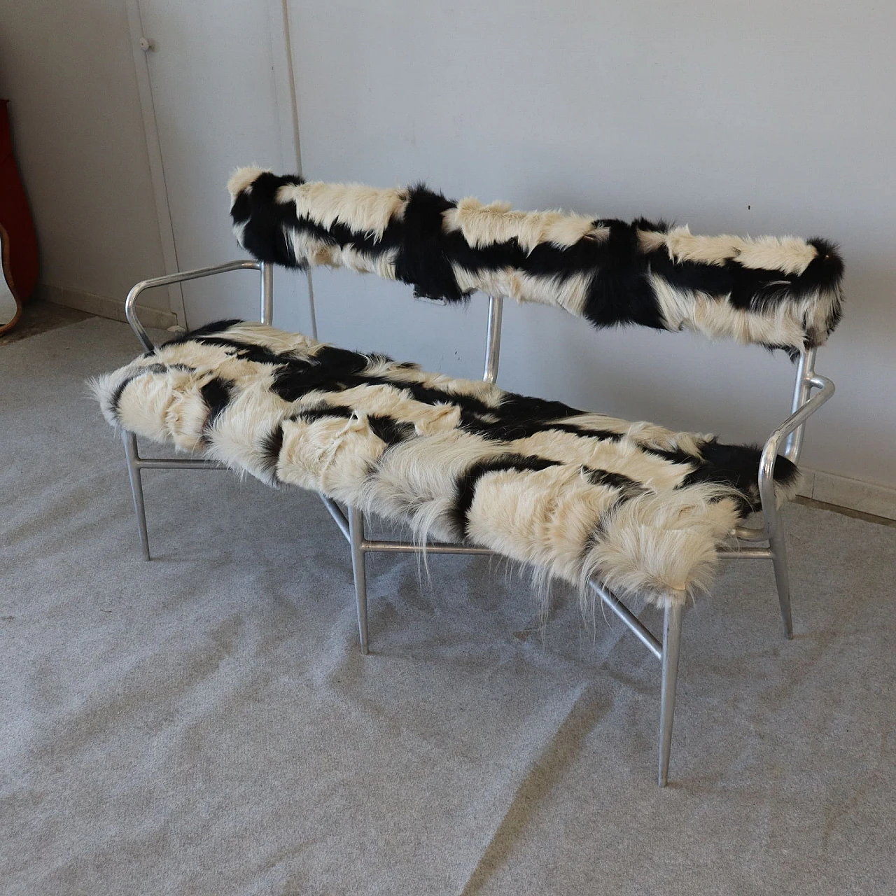 Aluminum and cowhide bench, 1950s 1