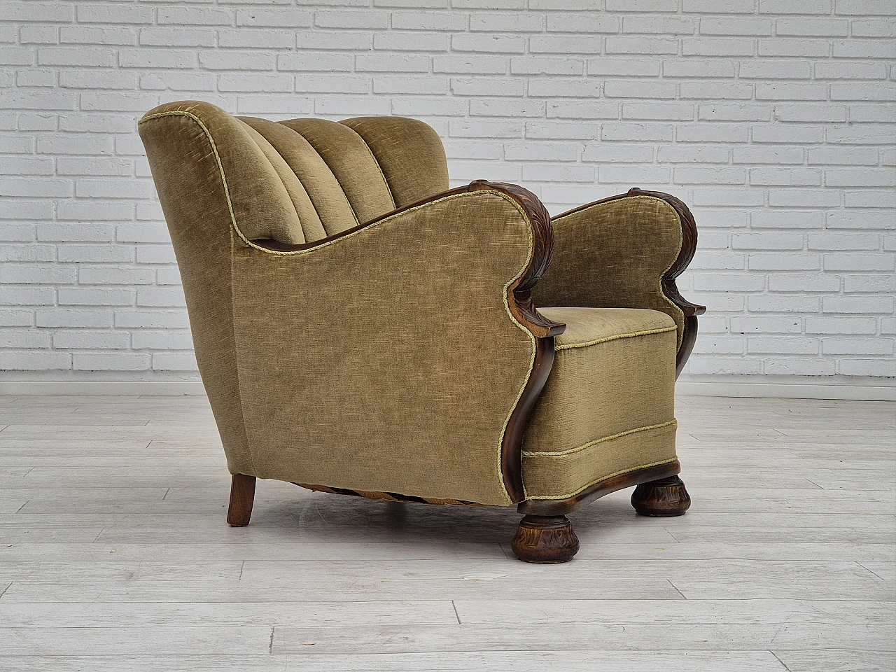 Danish green velvet and dark beech armchair, 1960s 1