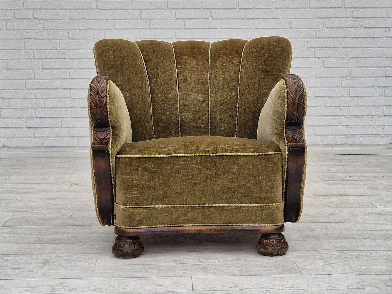 Danish green velvet and dark beech armchair, 1960s 2