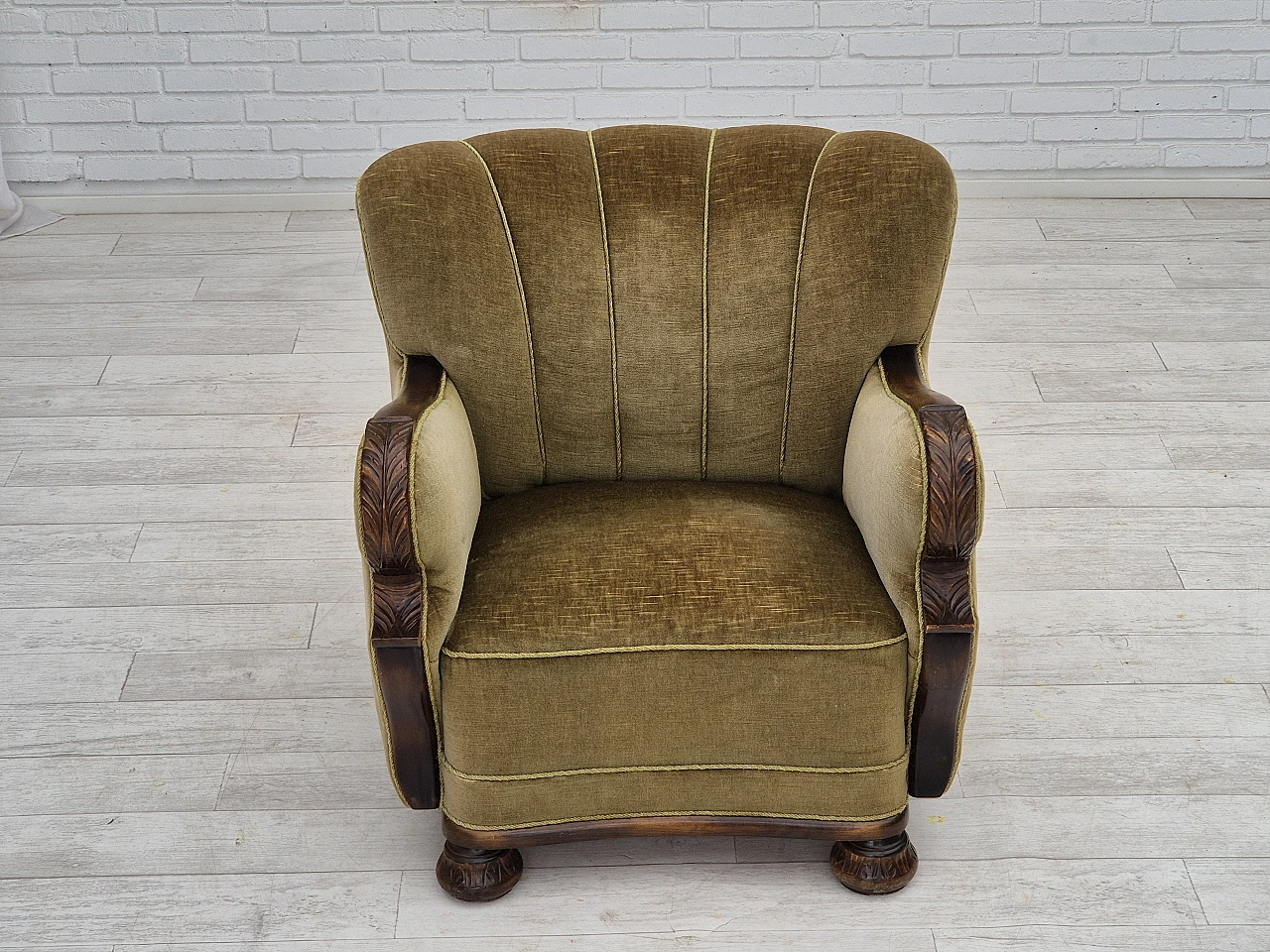 Danish green velvet and dark beech armchair, 1960s 3