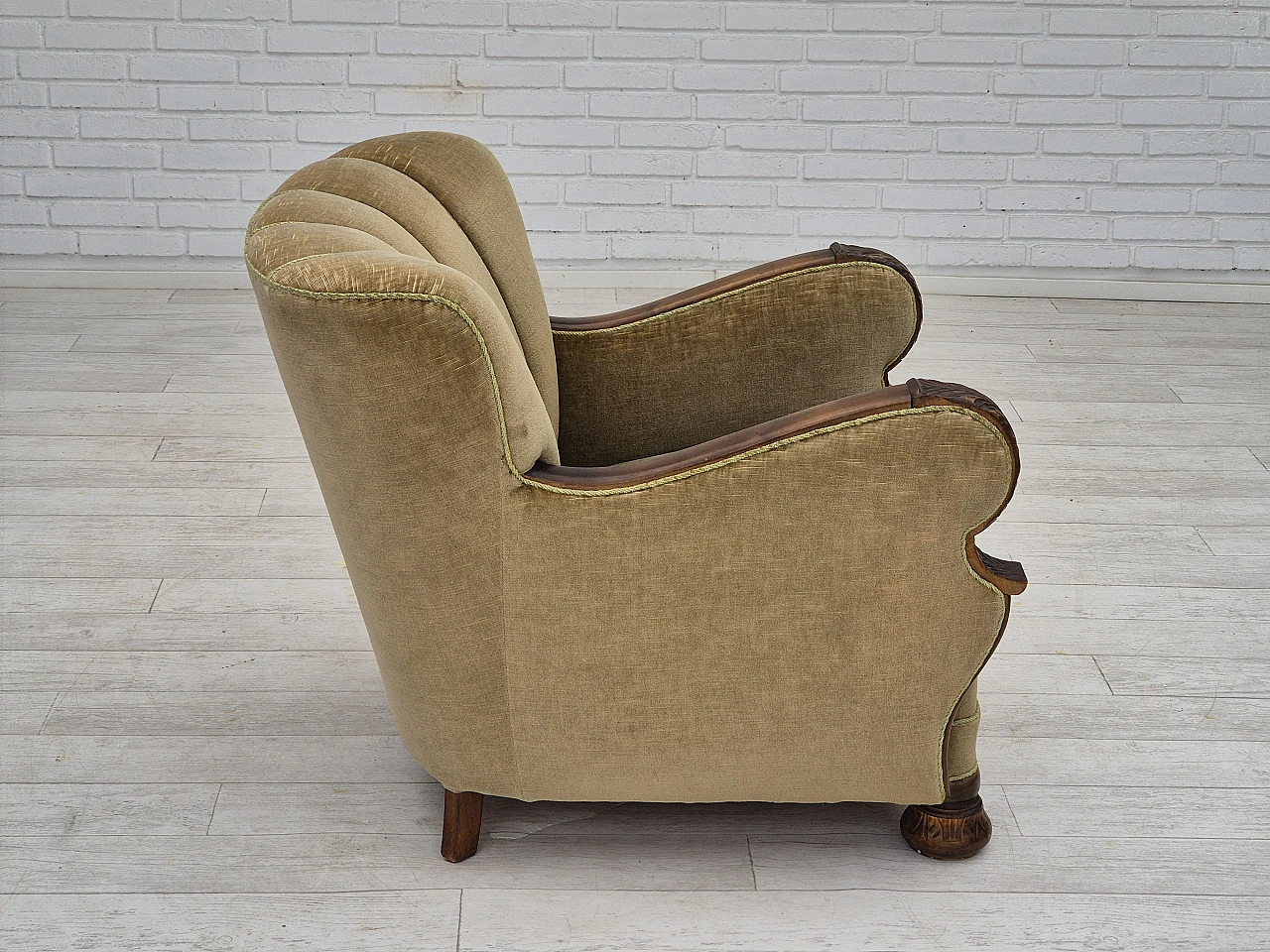 Danish green velvet and dark beech armchair, 1960s 5