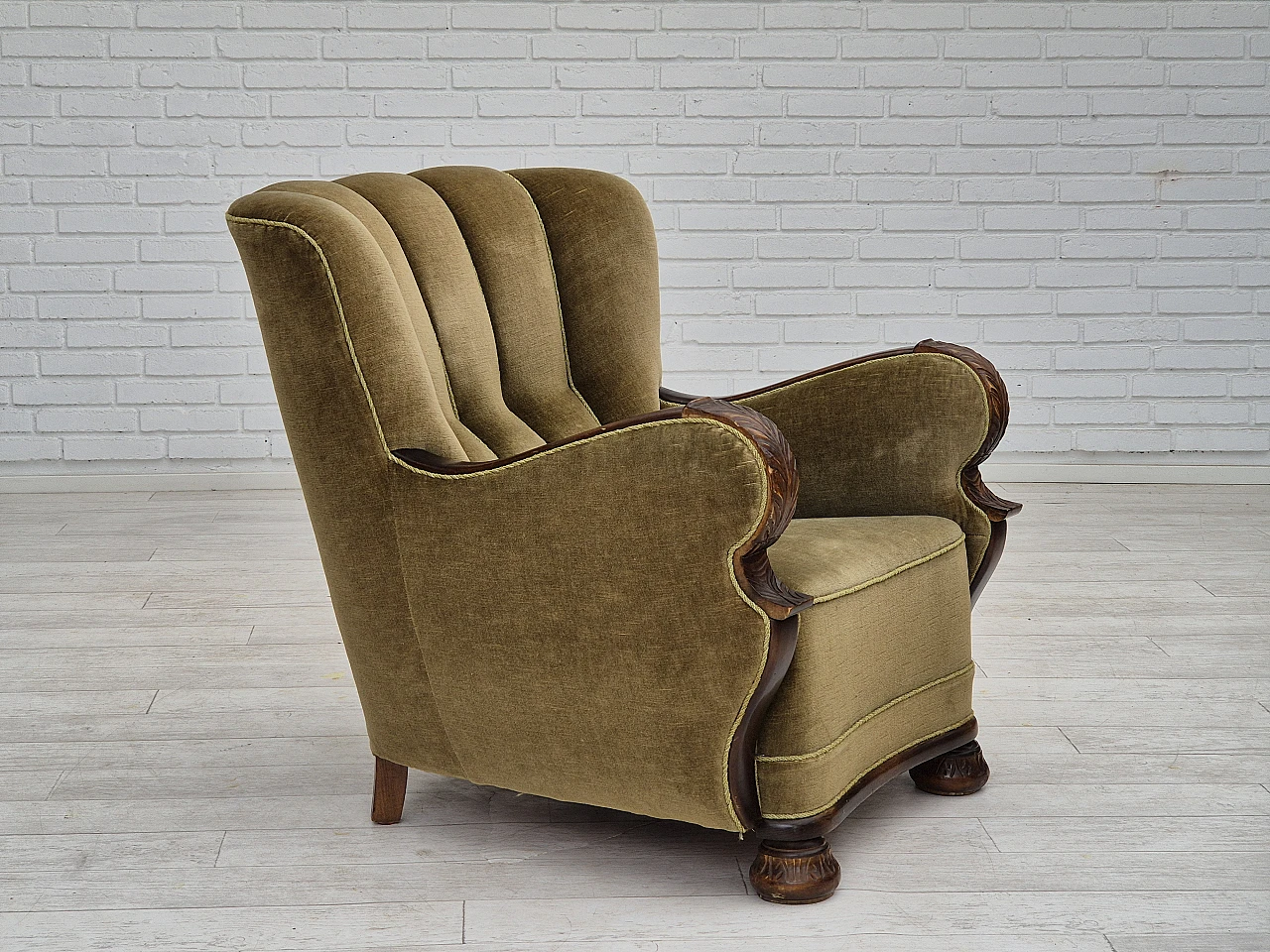 Danish green velvet and dark beech wood armchair, 1960s 1