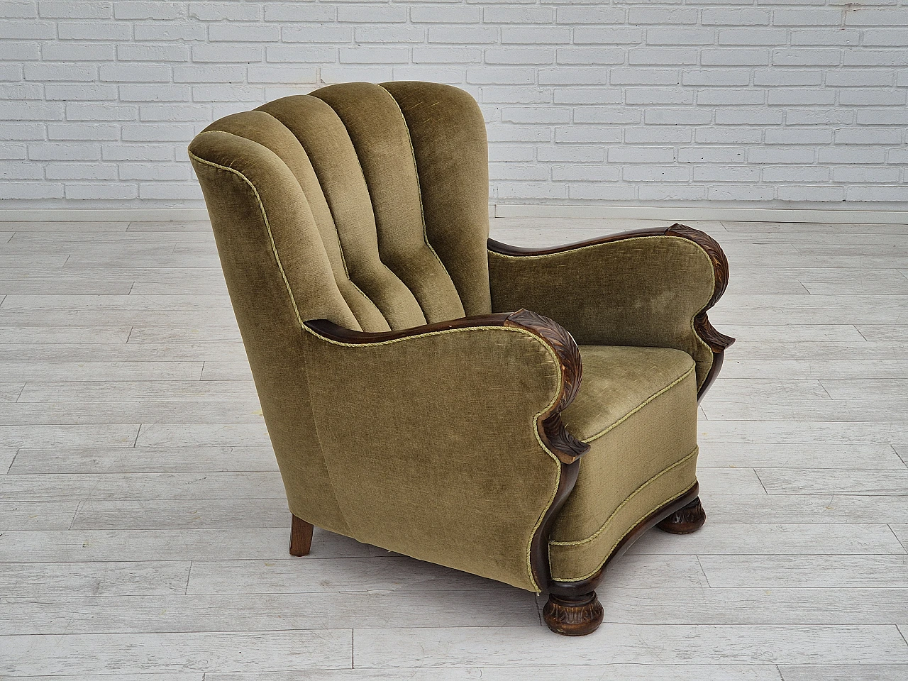 Danish green velvet and dark beech wood armchair, 1960s 2