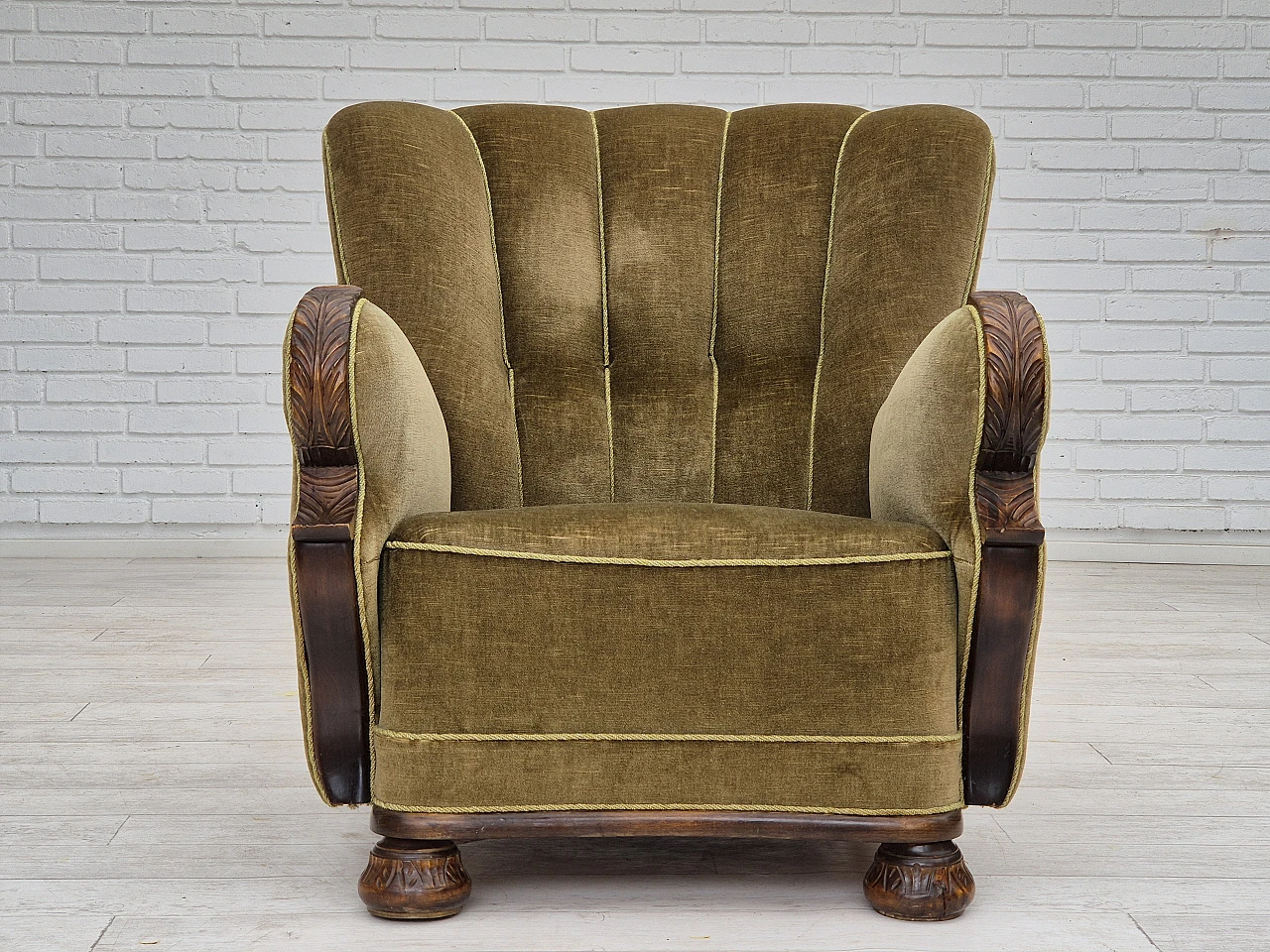 Danish green velvet and dark beech wood armchair, 1960s 3