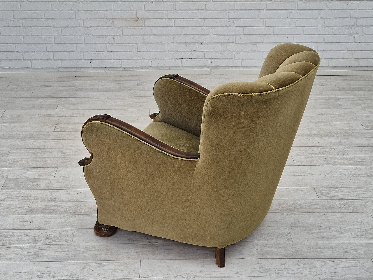 Danish green velvet and dark beech wood armchair, 1960s 11