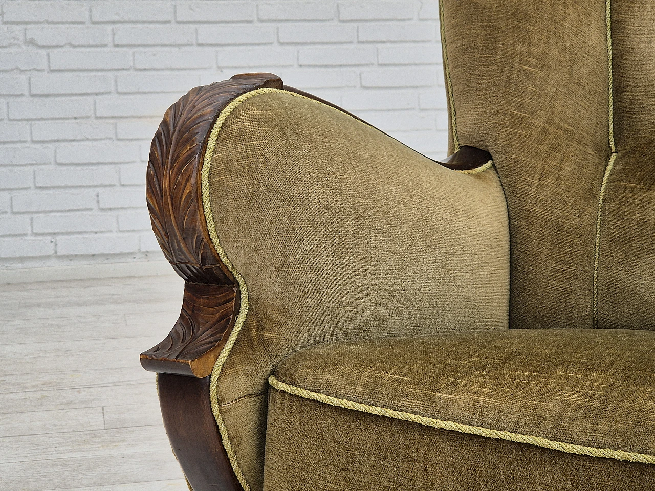 Danish green velvet and dark beech wood armchair, 1960s 12